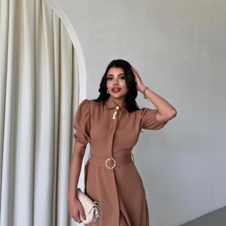 Капучино миди-платье с поясом и пышными рукавами