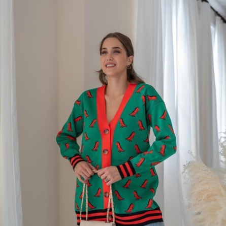 Cardigan oversize verde cu dinozauri orange