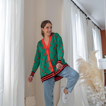 Cardigan oversize verde cu dinozauri orange