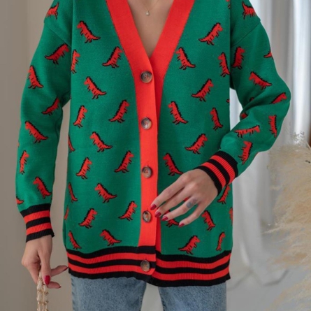 Cardigan oversize verde cu dinozauri orange