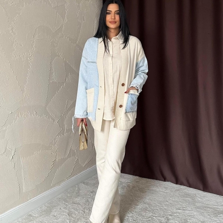 Cardigan din denim si tricot