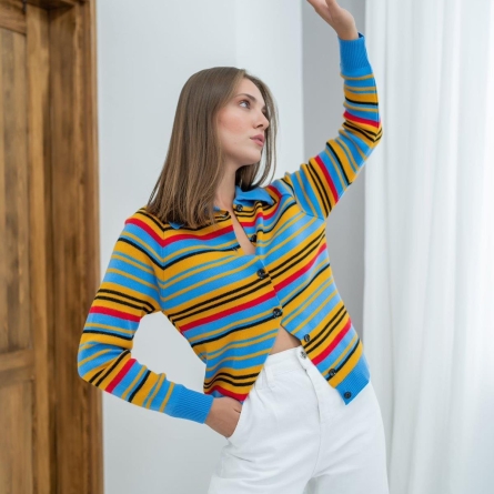 Multicolored Striped Cardigan with Collar