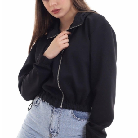 Black Cropped Hoodie with Zipper and Hood