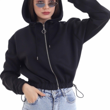 Black Cropped Hoodie with Zipper and Hood