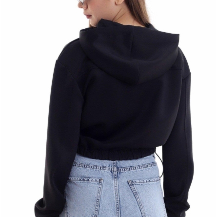 Black Cropped Hoodie with Zipper and Hood
