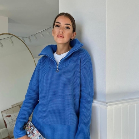 Blue sweater with high collar and zipper