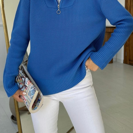 Blue sweater with high collar and zipper