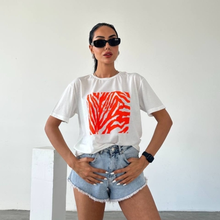 White T-shirt with Orange Zebra Print