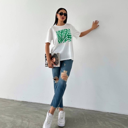 White T-shirt with Green Zebra Print