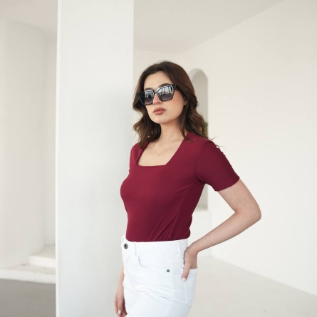 Burgundy Blouse with Square Neckline