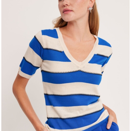 Bluză Tricotată &icirc;n Dungi Albastre și Bej