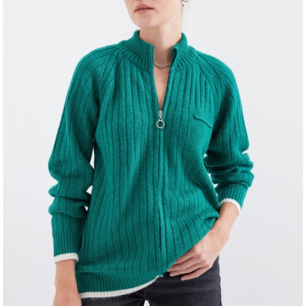 Green Knitted Cardigan with Zipper and High Neck