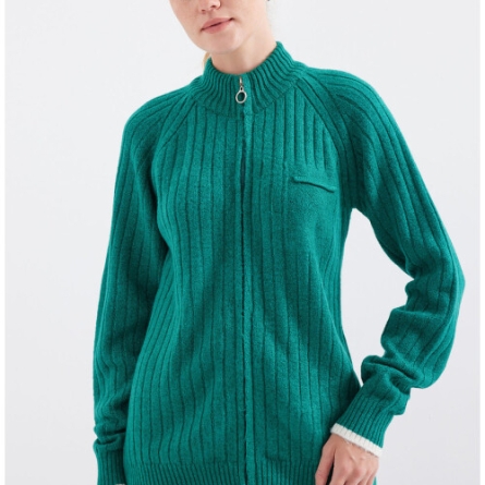 Green Knitted Cardigan with Zipper and High Neck