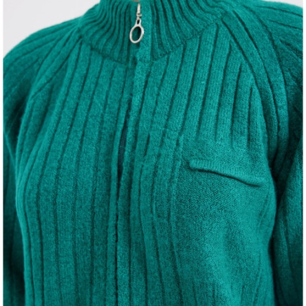 Green Knitted Cardigan with Zipper and High Neck