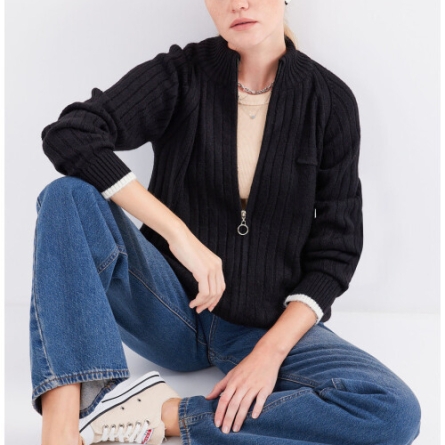 Чёрный Вязаный Кардиган с Молнией и Воротником