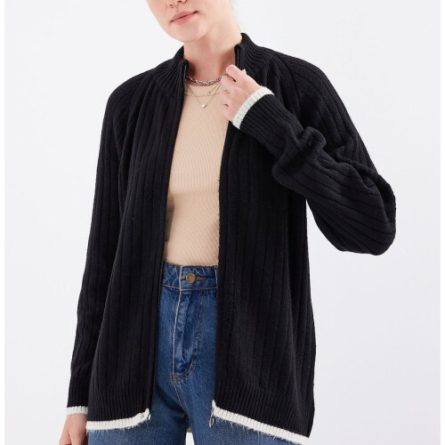 Чёрный Вязаный Кардиган с Молнией и Воротником