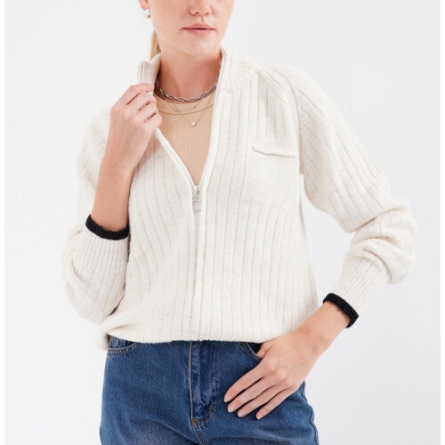 Белый Вязаный Кардиган с Молнией и Воротником