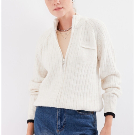 Белый Вязаный Кардиган с Молнией и Воротником