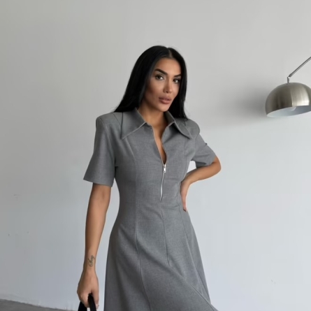 Rochie midi gri cu fermoar