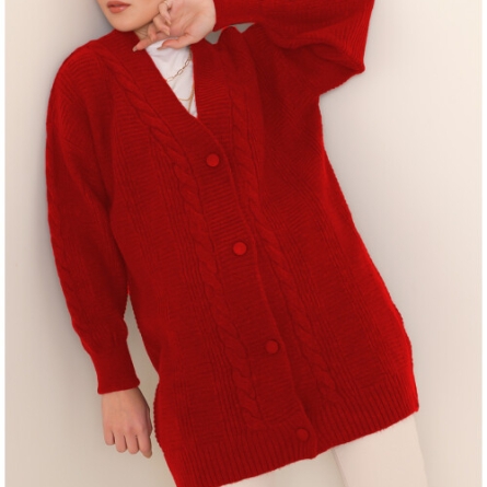 Cardigan Roșu Tricotat cu Nasturi