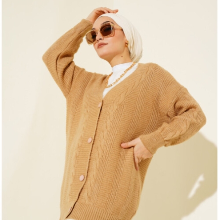 Cardigan Bej-Cenusiu Tricotat cu Nasturi