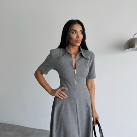 Rochie midi gri cu fermoar