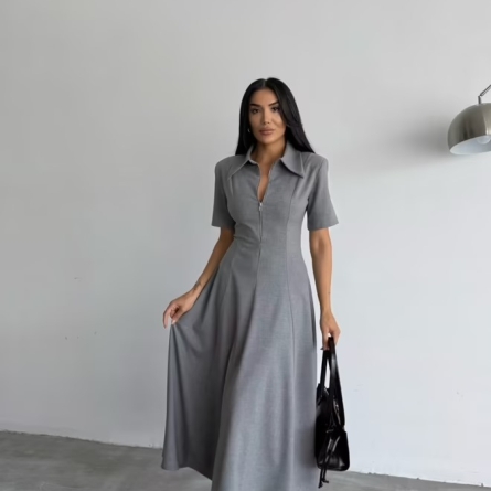 Rochie midi gri cu fermoar