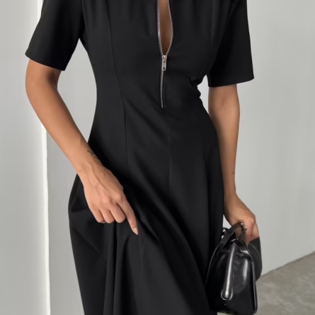 Black Midi Dress with Front Zipper and Tailored Fit