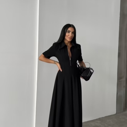 Black Midi Dress with Front Zipper and Tailored Fit