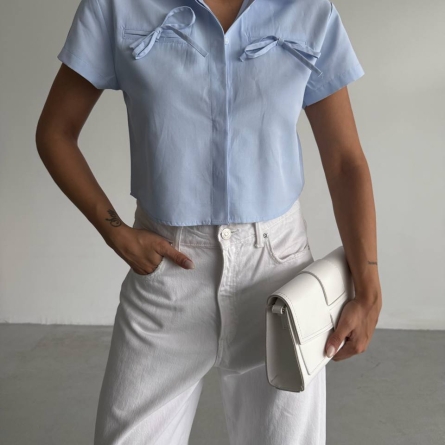 Cămașă Crop Bleu din Bumbac cu Fundițe