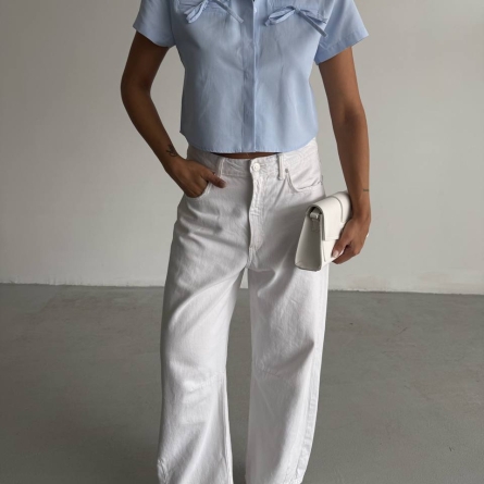 Cămașă Crop Bleu din Bumbac cu Fundițe