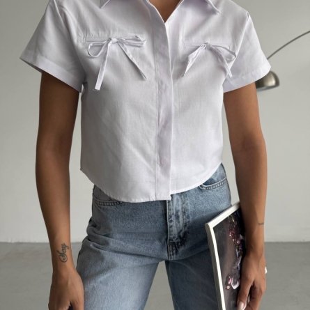 Cămașă Crop Albă din Bumbac cu Fundițe