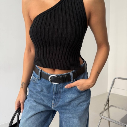 Black asymmetric crop top
