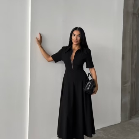 Black Midi Dress with Front Zipper and Tailored Fit