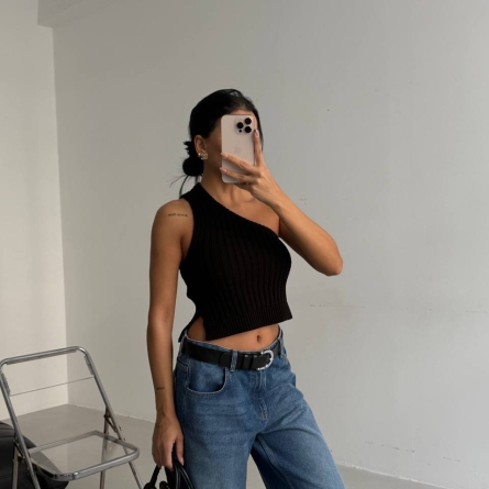 Black asymmetric crop top
