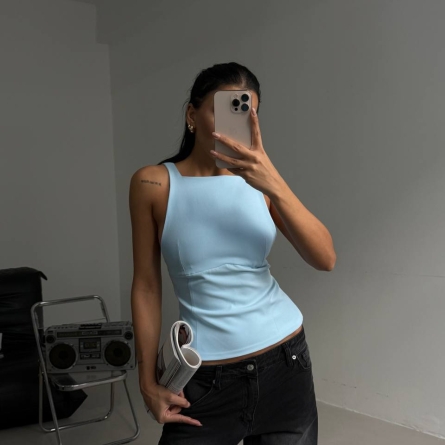 Top Blue cu Spate Decupat și Fundițe