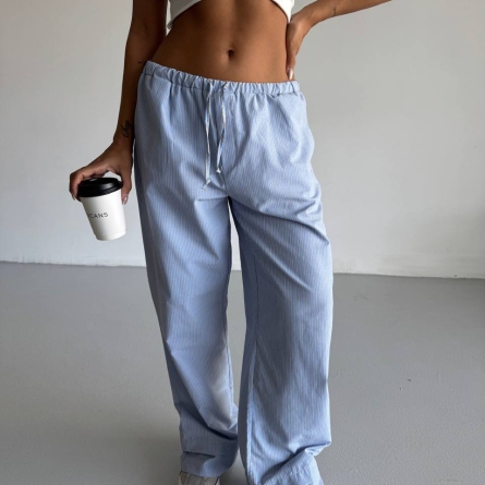 Pantaloni Bumbac Largi Bleu cu Dungi