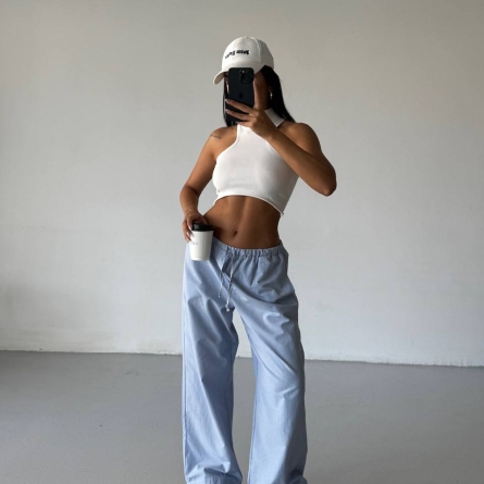 Pantaloni Bumbac Largi Bleu cu Dungi