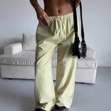 Pantaloni Bumbac Largi Galbeni cu Dungi