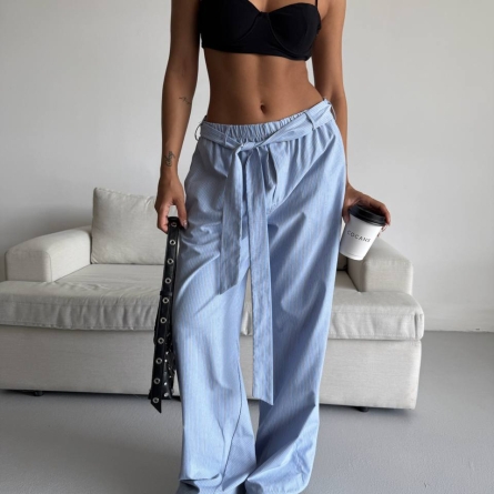 Pantaloni Blue din Bumbac cu Dungi si Cordon