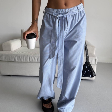 Pantaloni Blue din Bumbac cu Dungi si Cordon