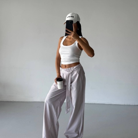 Длинные Брюки из Хлопка с Светло-Розовой Полоской и Поясом