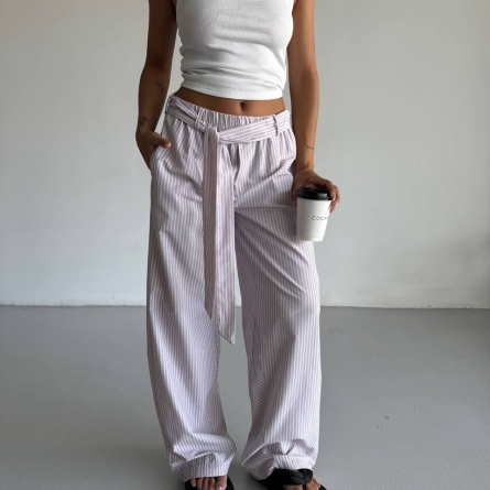 Длинные Брюки из Хлопка с Светло-Розовой Полоской и Поясом