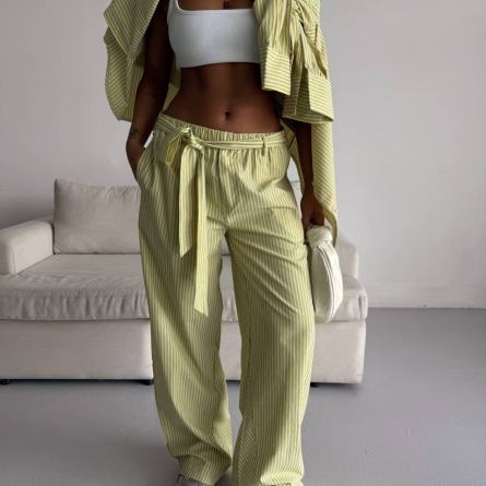 Light Yellow Striped Cotton Trousers with Tie