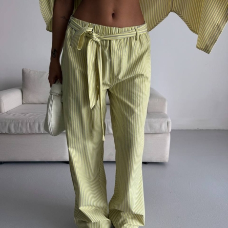 Light Yellow Striped Cotton Trousers with Tie