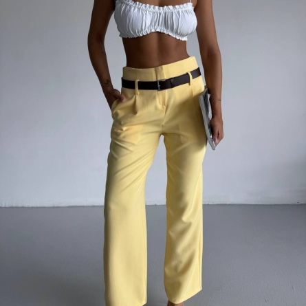 Pantaloni Galbeni Clasici cu Talie &Icirc;naltă si Centura