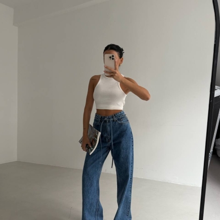 Blugi Albastru cu Talie &Icirc;naltă și Șiret