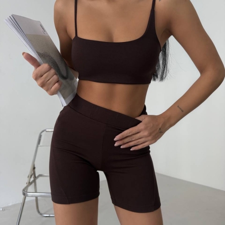 Brown Cross Strap Bra and Biker Shorts Double Set