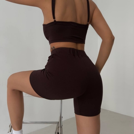 Brown Cross Strap Bra and Biker Shorts Double Set