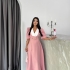 Rochie roz midi cu guler alb și nasturi decorativi